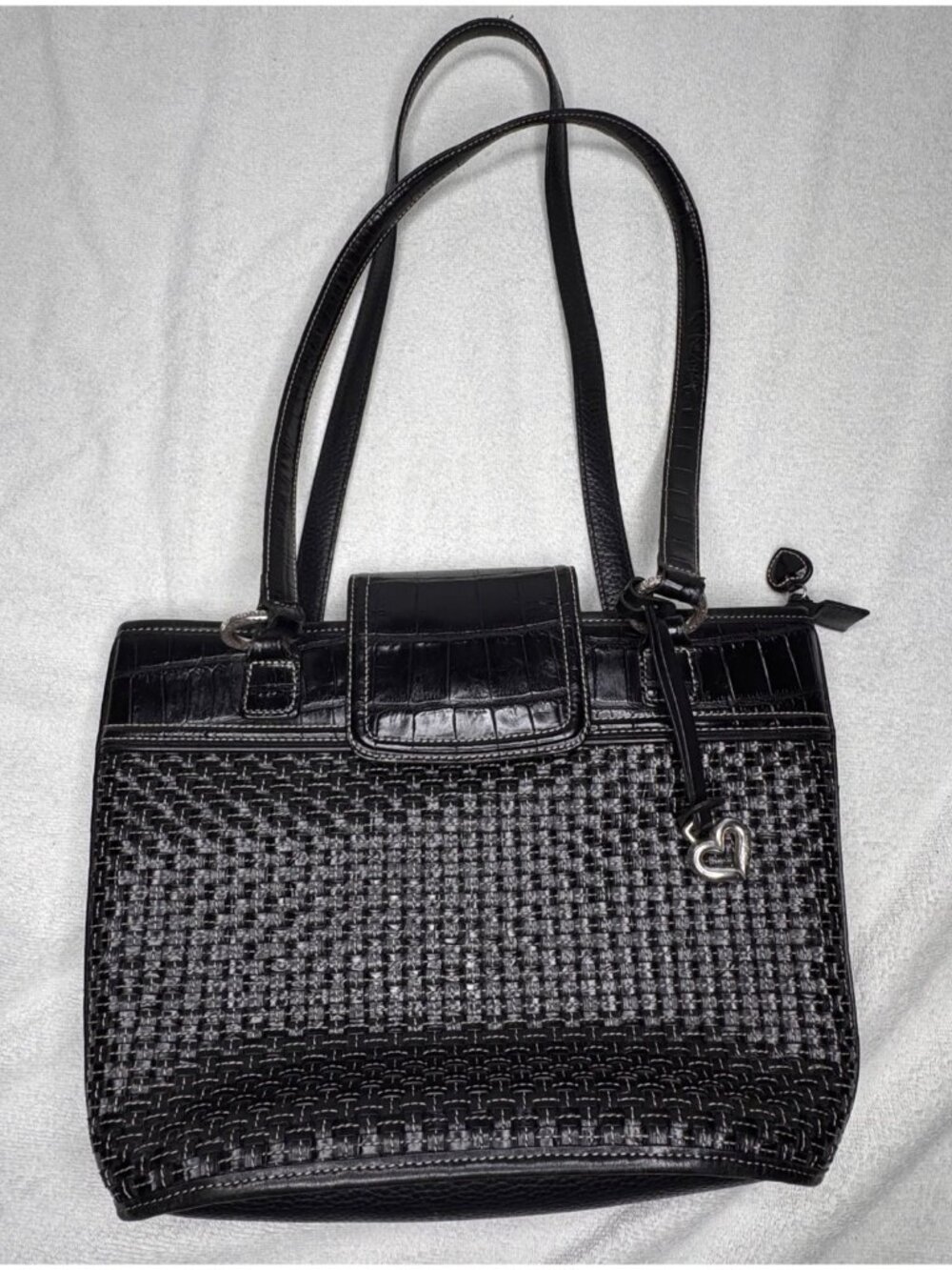 Brighton Black Leather Classic Tote Bag Basket Weave Front Panel Croc Trim - Picture 11 of 15